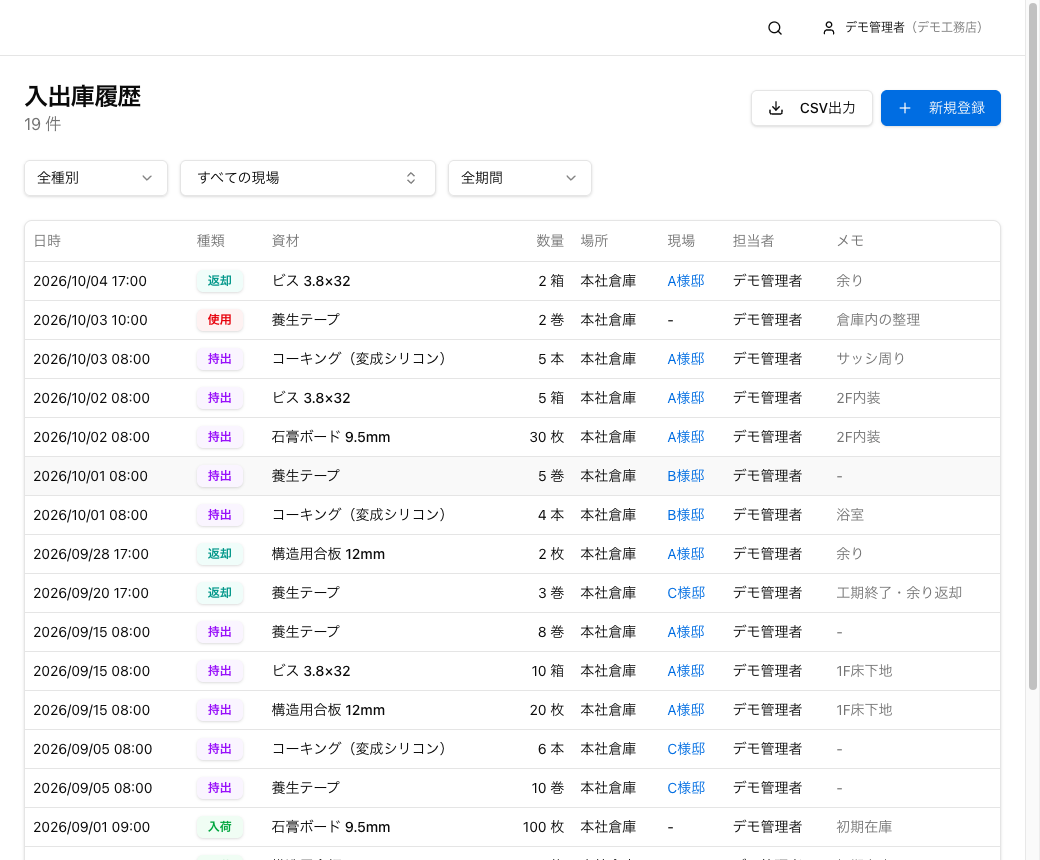 入出庫履歴画面。種別・現場・期間で絞り込み、持出・返却・使用などの履歴を現場名つきで一覧表示する